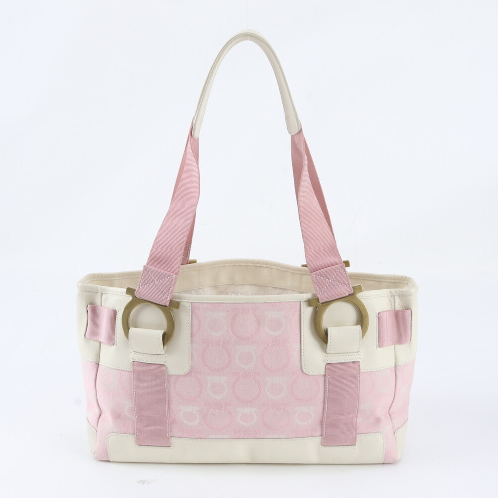 Salvatore Ferragamo Gancini Leather Canvas Tote Bag Handbag Shoulder Pink Wom... - Picture 3 of 9